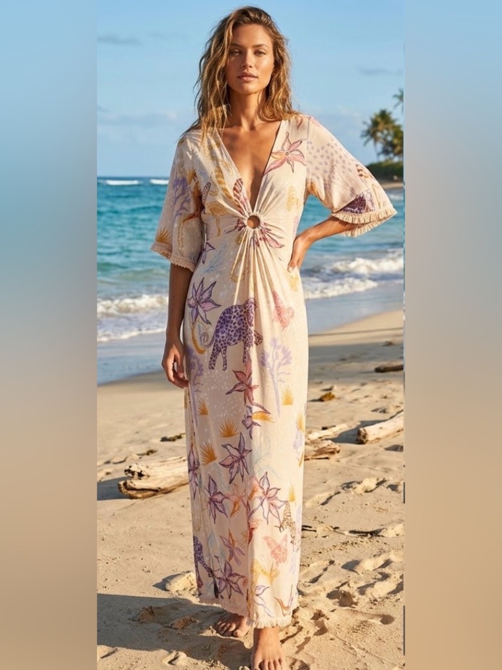 Z&L Europe V-Neck Tie up Open Back Bell Sleeves Trim 54” Long Maxi Dress